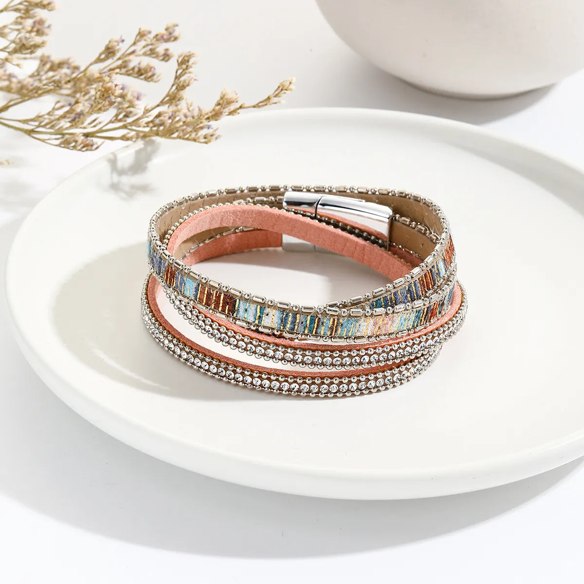 women's wave bracelets-Casual Bohemian Geometric Pu Leather Alloy Plating Inlay Rhinestones Women'S Bracelets