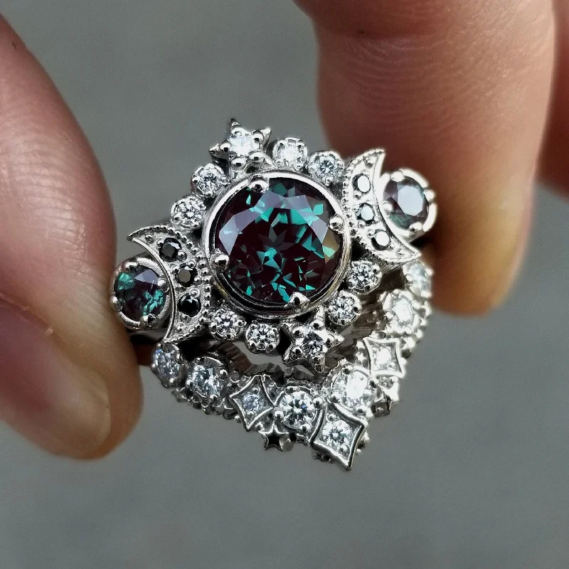 women's princess-cut engagement rings-Selene Moon Goddess Ring Set - Alexandrite with Black and White Diamonds and Diamond Stardust Wedding Band - 14k Palladium White Gold