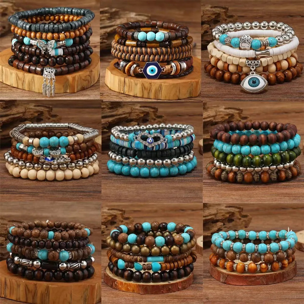 women's heavy bangles-Retro Leaf Butterfly Alloy Wooden Beads Turquoise Wholesale Bracelets