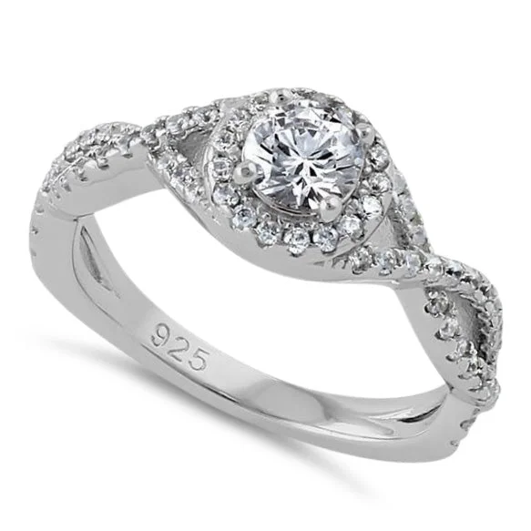 women's eternity engagement rings-Sterling Silver Halo Twisted CZ Engagement Ring