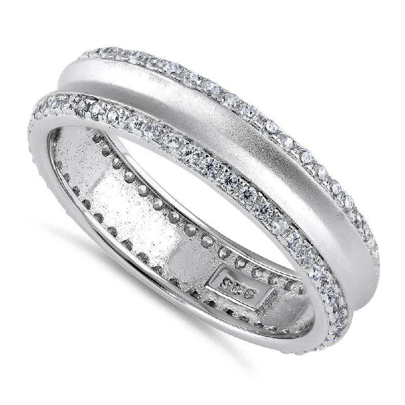 women's wedding set engagement rings-Sterling Silver Matte Line CZ Wedding Band Ring