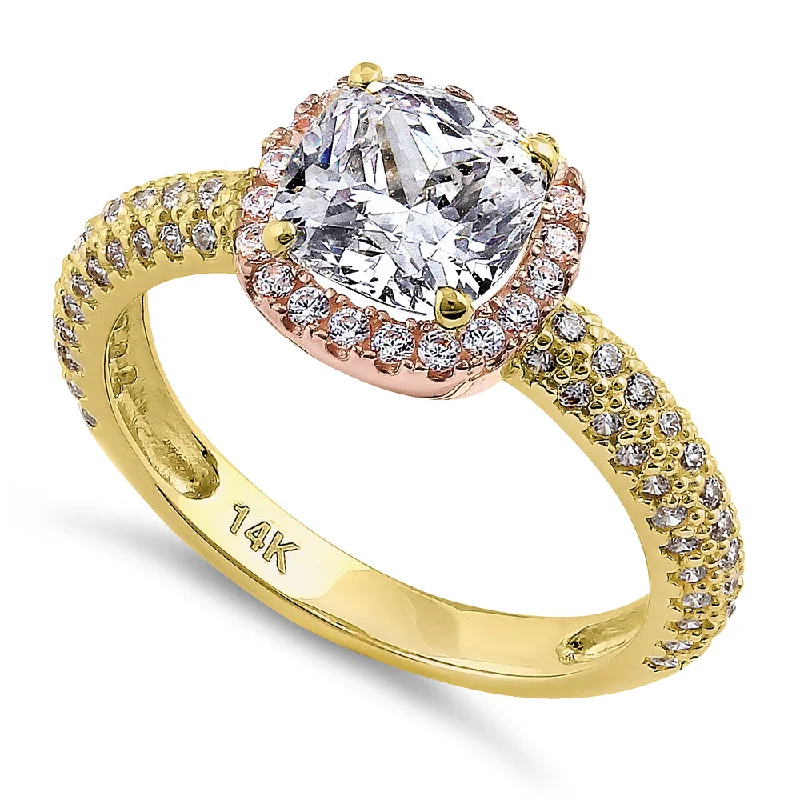 women's oval engagement rings-Solid 14K Yellow Gold & Rose Gold Plated Cushion Cut CZ Engagement Ring