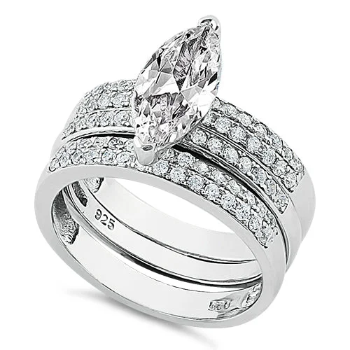 women's hidden halo engagement rings-Sterling Silver Marquise Engagement CZ Set Ring