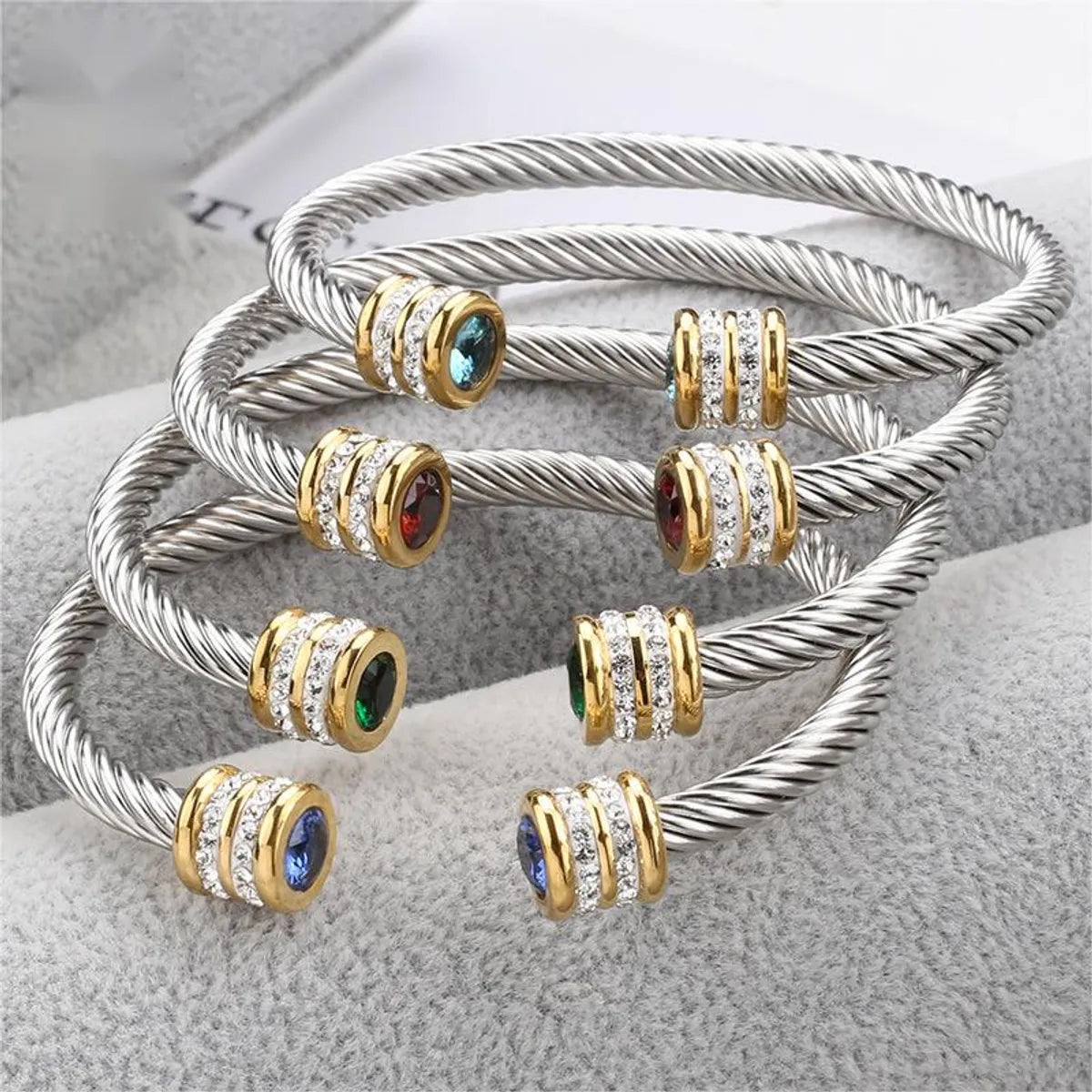 women's nickel-free bangles-Luxurious Romantic Twist Stainless Steel Plating Inlay Rhinestones Zircon Gold Plated