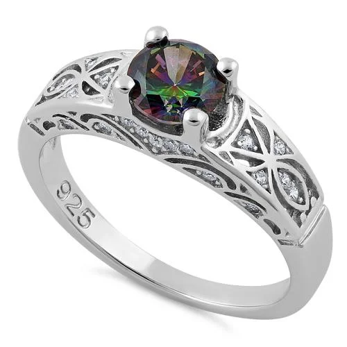 women's cushion-cut engagement rings-Sterling Silver Rainbow Round Cut Engagement CZ Ring