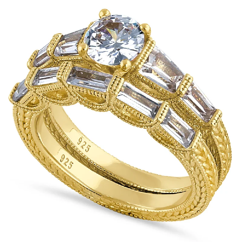 women's floral motif engagement rings-Sterling Silver Gold-Plated Baguette CZ Engagement Ring Set