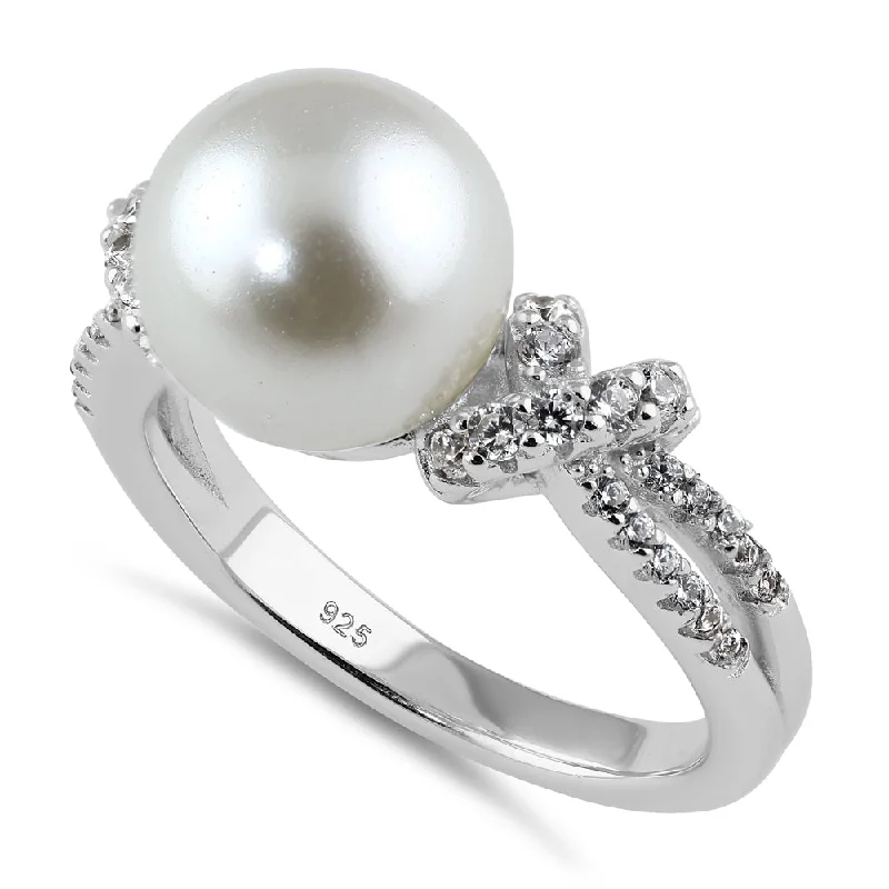 women's cathedral engagement rings-Sterling Silver Knot Shell Pearl CZ Engagement Ring