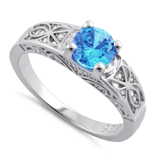 women's pave engagement rings-Sterling Silver Aqua Blue Round Cut Engagement CZ Ring