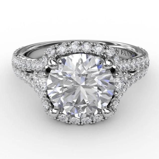 women's east-west engagement rings-Cushion Halo Engagement Semi-Mount Ring With Side Stones and Double-Row Diamond Band