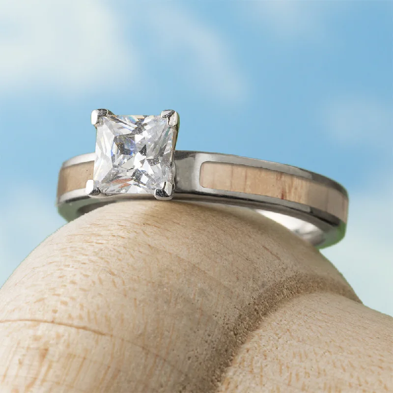 women's cross rings-Baseball Diamond Engagement Ring with White Ash Wood