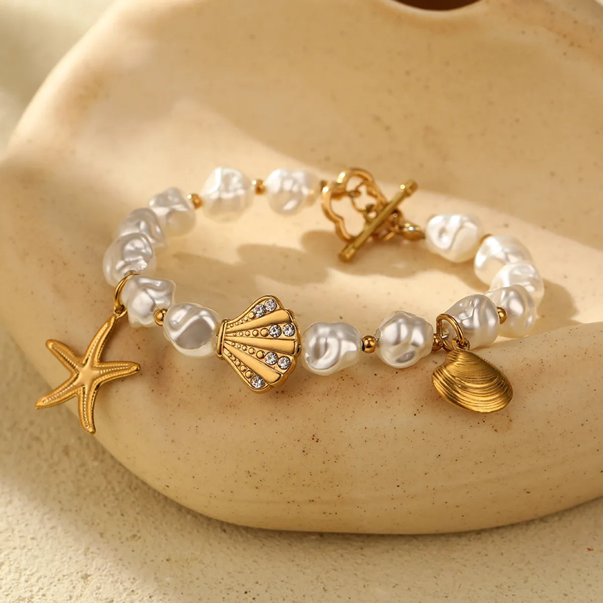 women's cuff bangles-Classic Style Scallop Starfish 18K Gold Plated Zircon 316 Stainless Steel  Artificial Pearl Wholesale Bracelets