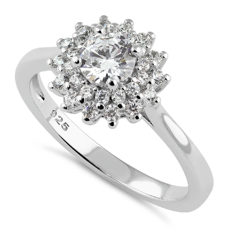 women's tension-set engagement rings-Sterling Silver Double Halo Sunflower Engagement CZ Ring