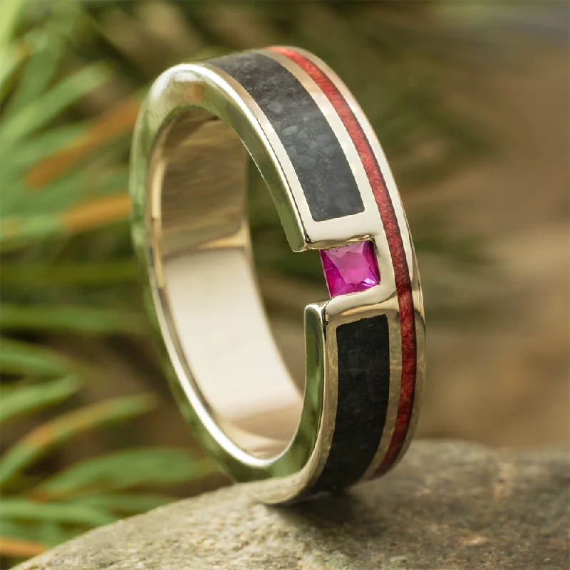 women's thick band rings-Ruby Ring for Men with Onyx and Red Box Elder Burl Wood