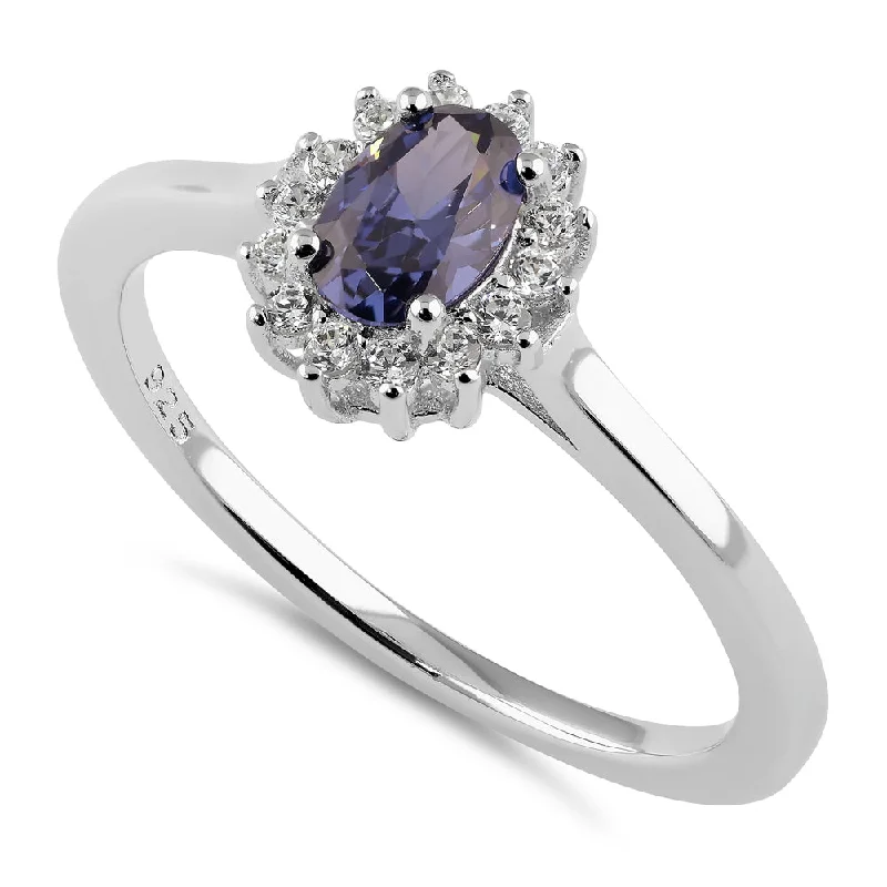 women's twisted engagement rings-Sterling Silver Oval Blue Tanzanite Halo CZ Engagement Ring