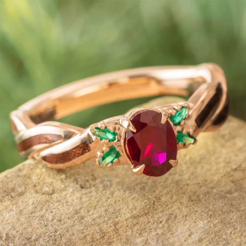 women's sun rings-Unique Ruby and Emerald Engagement Ring with Redwood