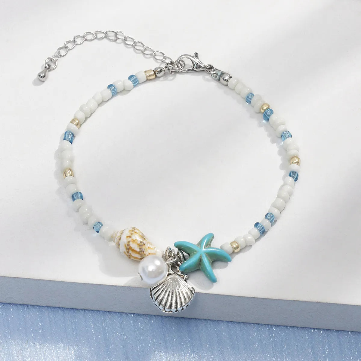 women's platinum bangles-Bohemian Starfish Conch Shell Beaded Alloy Inlay Artificial Pearls Turquoise Women'S Bracelets