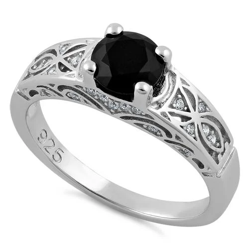 women's trillion-cut engagement rings-Sterling Silver Black Round Cut Engagement CZ Ring