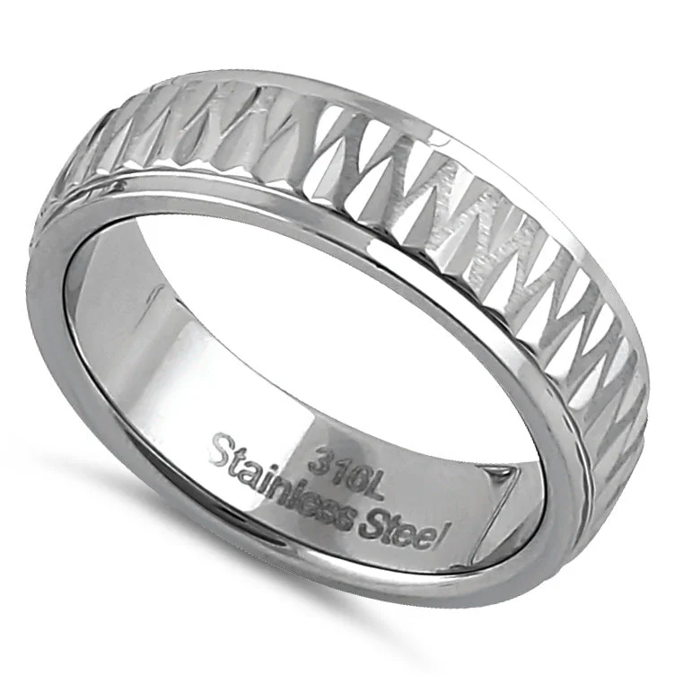 women's ethical engagement rings-Stainless Steel Men's Diamond Cut Pattern Wedding Band