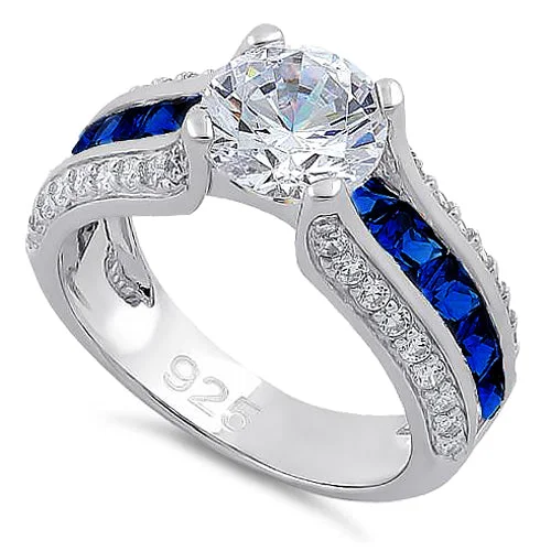 women's solitaire engagement rings-Sterling Silver Blue Row CZ Engagement Ring