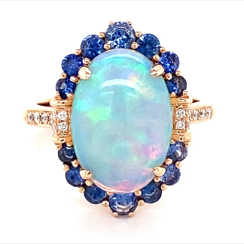 women's three-stone engagement rings-Opal and Sapphire Diamond Ring by Bellarri