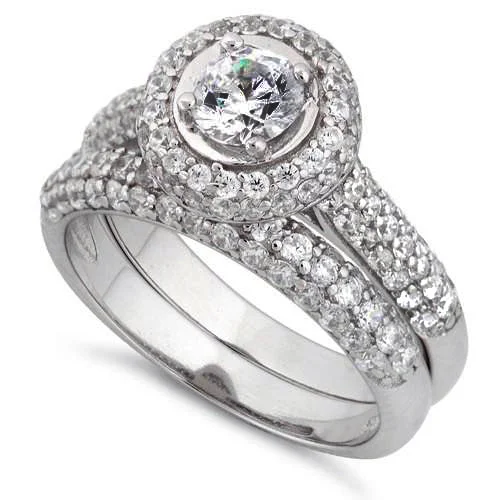 women's round-cut engagement rings-Sterling Silver Halo Round CZ Engagement Set Ring