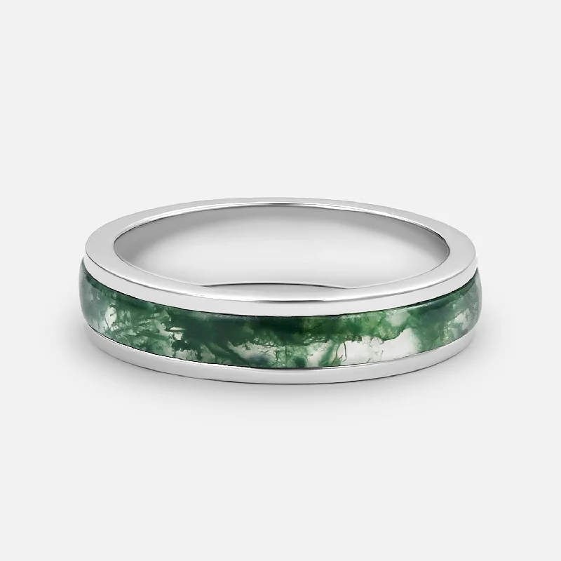 women's low-profile engagement rings-5mm Minimalist Moss Agate Inlay Couple Men's Wedding Band