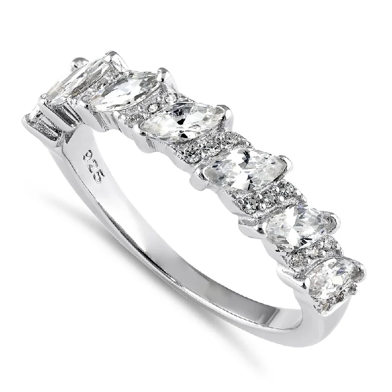 women's promise rings-Sterling Silver Half Eternity Marquize and Round CZ Wedding Band Ring