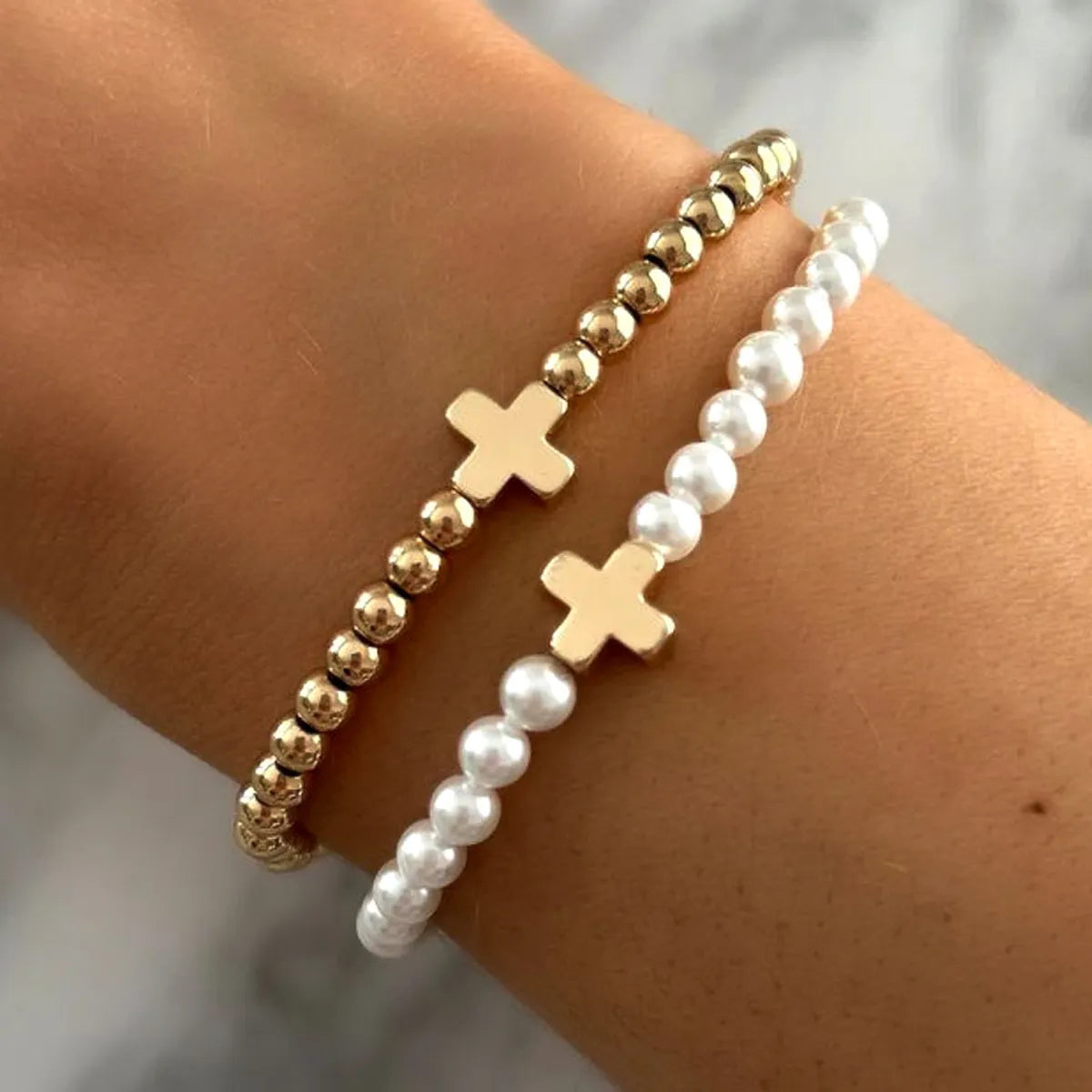 women's heavy bangles-Simple Style Classic Style Cross Round Imitation Pearl Wholesale Bracelets