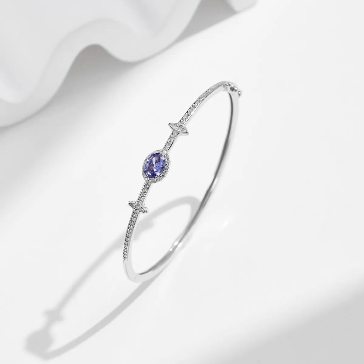 women's celestial bracelets-Sterling Silver Rhodium Plated Inlay Circle Star Oval Zircon Bangle