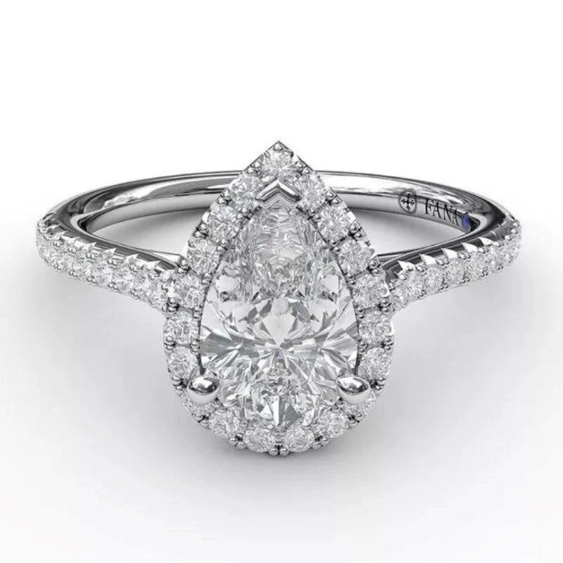 women's two-tone engagement rings-Delicate Pear Shaped Halo And Pavé Band Engagement Semi-Mount Ring