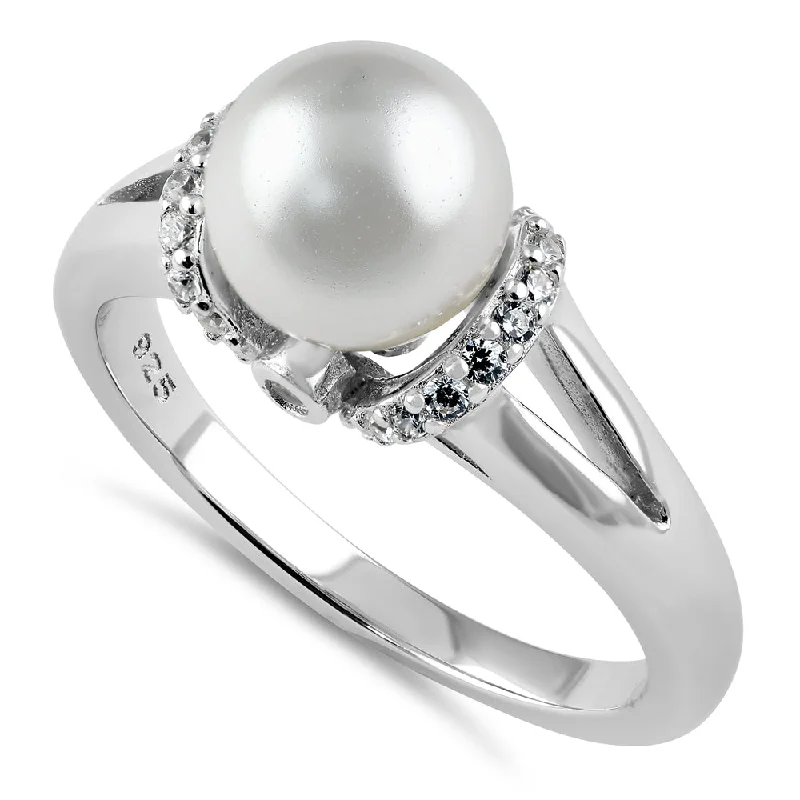 women's solitaire engagement rings-Sterling Silver Classic Shell Pearl CZ Engagement Ring