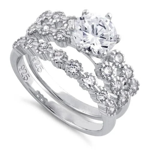 women's split band engagement rings-Sterling Silver Clear Round Cut Engagement CZ Set Ring