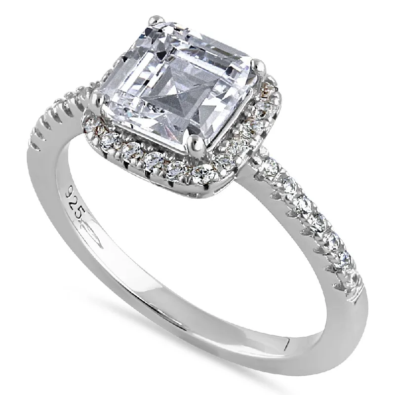 women's celestial engagement rings-Sterling Silver Chic Square Halo with Round Cut Clear CZ Engagement Ring