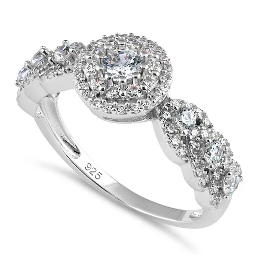 women's east-west engagement rings-Sterling Silver Round CZ Halo Cluster Engagement Ring