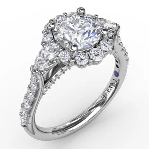 women's trillion-cut engagement rings-Three-Stone Diamond Halo Engagement Ring With Pear-Shape Side Stones