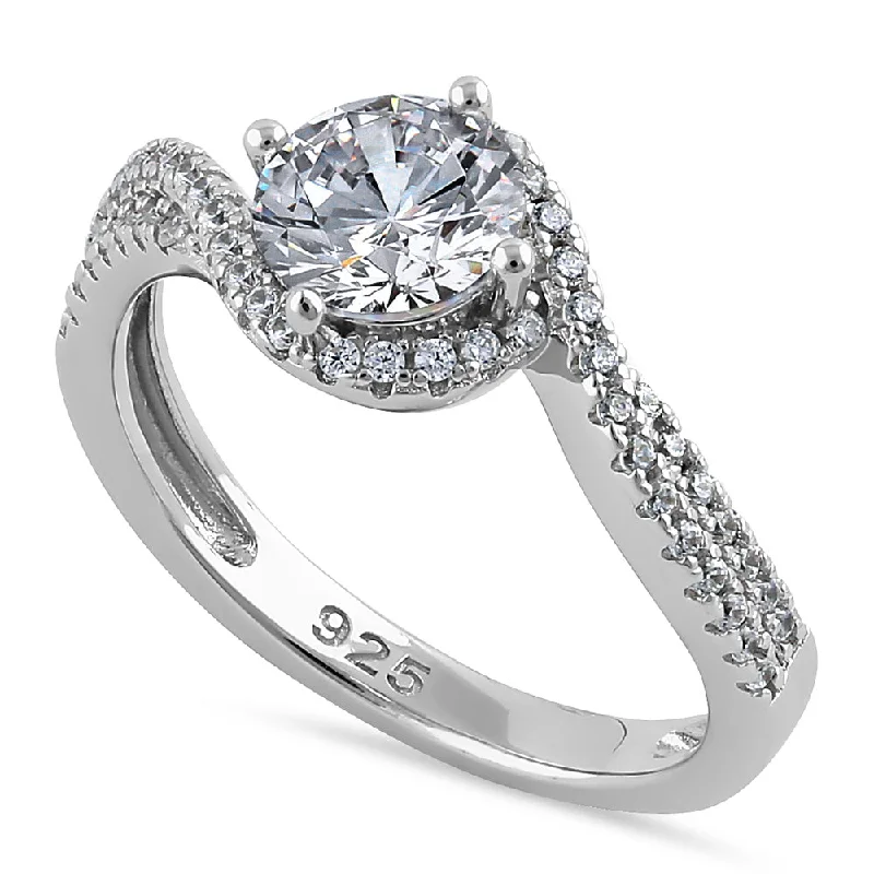 women's moon engagement rings-Sterling Silver Elegant Halo Wave Round Cut Clear CZ Engagement Ring