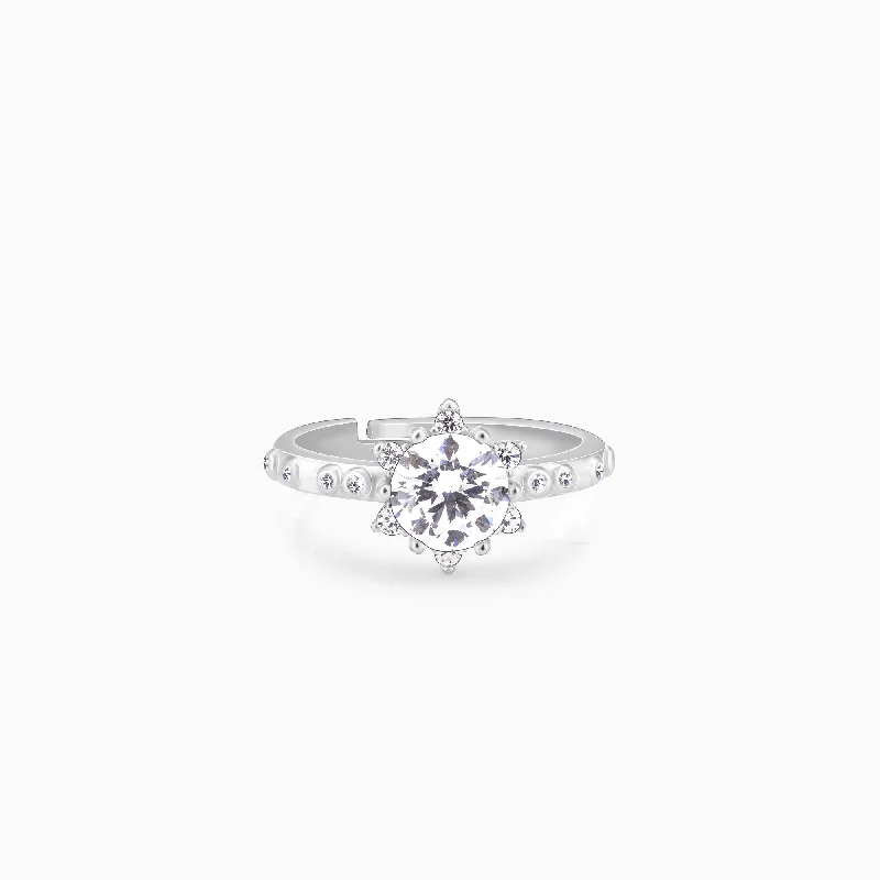 women's triple-band rings-Silver Zircon Flower Rennaissance Ring