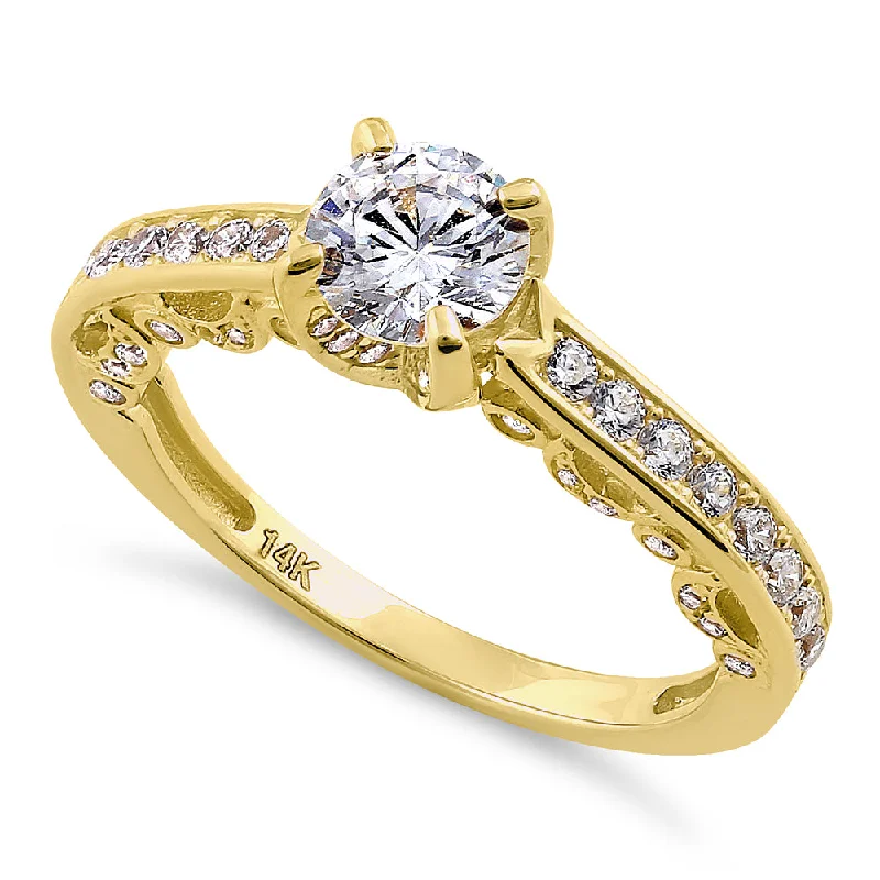 women's princess-cut engagement rings-Solid 14K Yellow Gold Elegant Round Cut CZ Engagement Ring