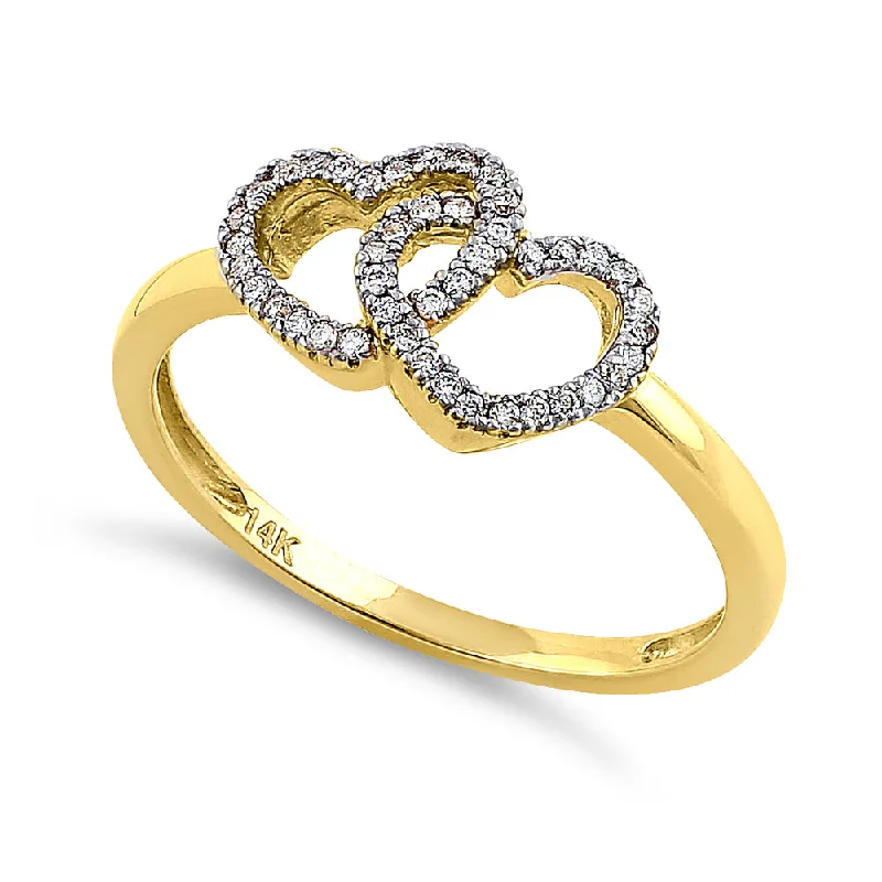 women's eternity engagement rings-Solid 14K Yellow Gold Double Heart 0.15 ct. Diamond Ring