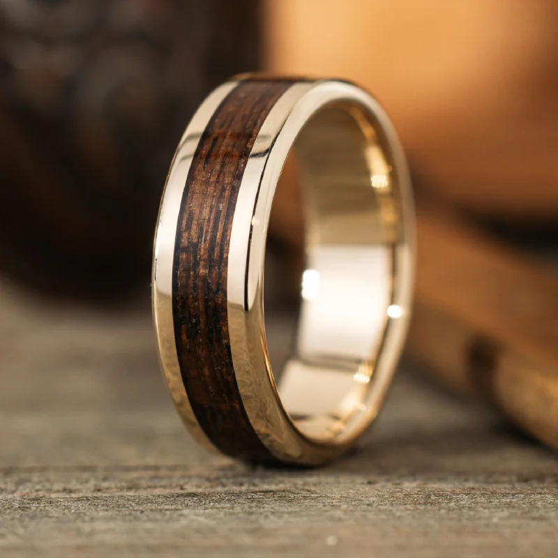 women's heirloom-style engagement rings-(In-Stock) The USS New Jersey in Gold | Men's 10k Yellow Gold Wedding Band with Battleship Teak Wood Inlay - Size 12.75 | 8mm Wide