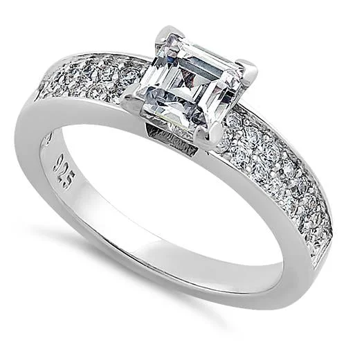 women's marquise engagement rings-Sterling Silver Asscher Cut Clear CZ Engagement Ring