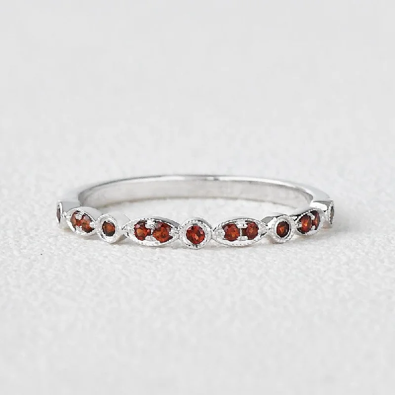 women's topaz engagement rings-Milgrain Garnet White Gold Wedding Band