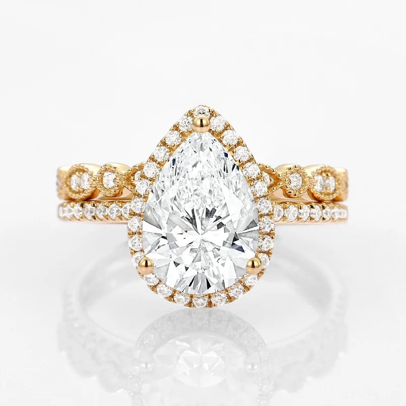 women's nature-inspired engagement rings-2.0ct Vintage Halo Pear Lab Grown Diamond Ring Set 2pcs