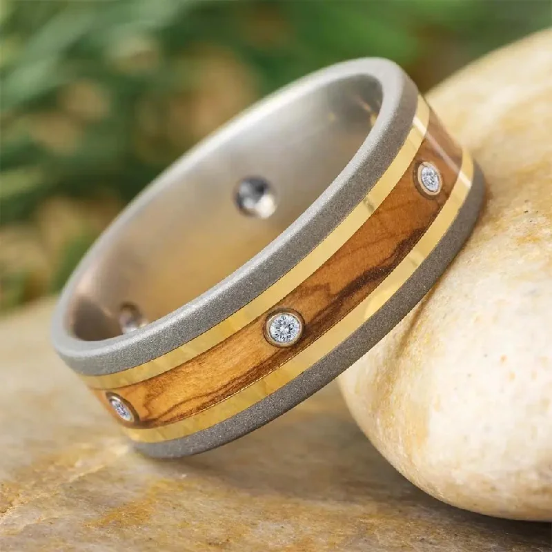 women's fashion-forward rings-Olive Wood Eternity Band with Moissanites and Yellow Gold