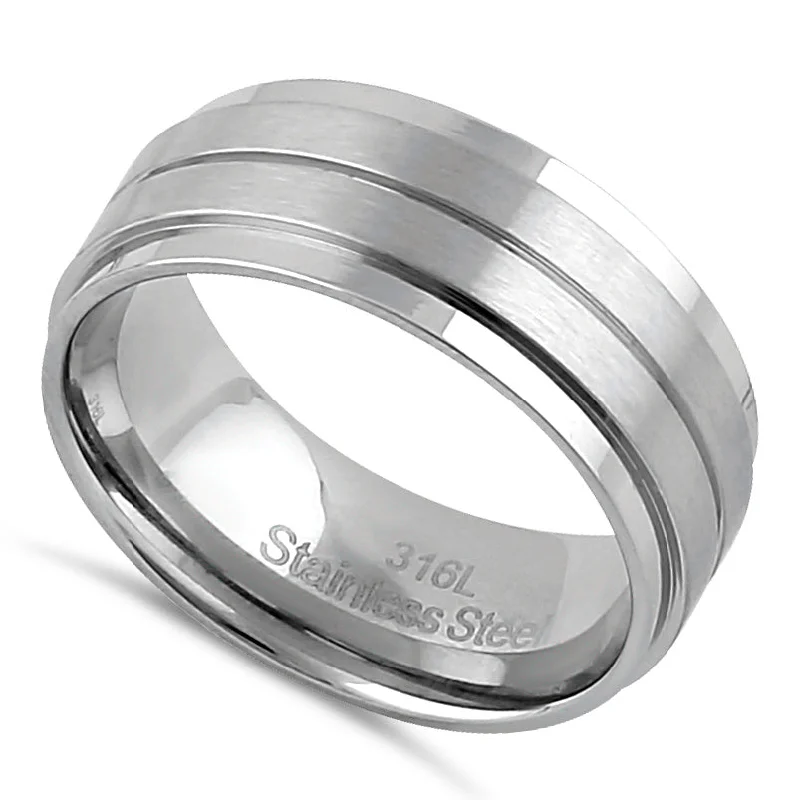 women's alternative engagement rings-Stainless Steel Men's 8mm Brushed Polish with Lines Wedding Band