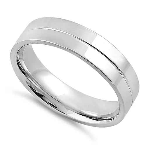 women's curved band engagement rings-Sterling Silver Center Line Flat Wedding Band