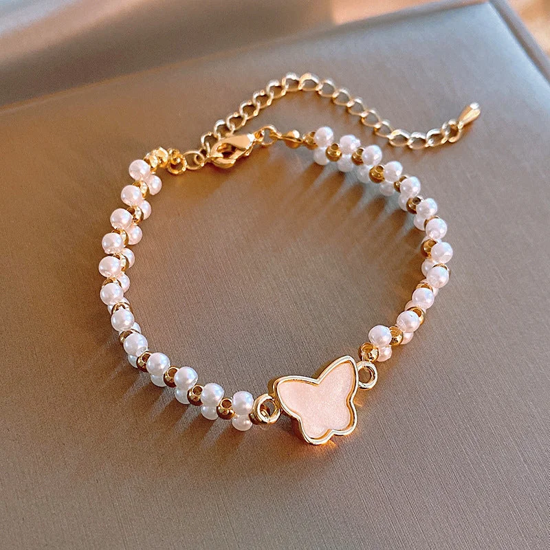 80# Bracelet-Gold-White Pearl Butterfly (Real Gold Plating)