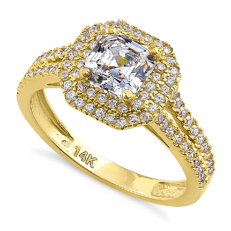 women's pear-shaped engagement rings-Solid 14K Yellow Gold Asscher Cut Double Halo CZ Engagement Ring