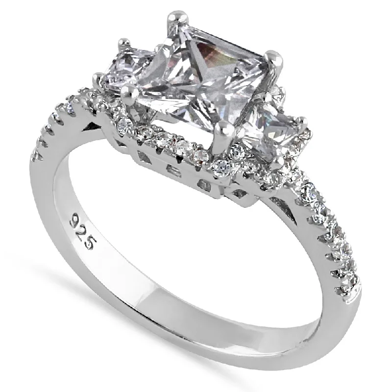 women's handcrafted engagement rings-Sterling Silver Cathedral Triple Princess Cut Halo Clear CZ Engagement Ring