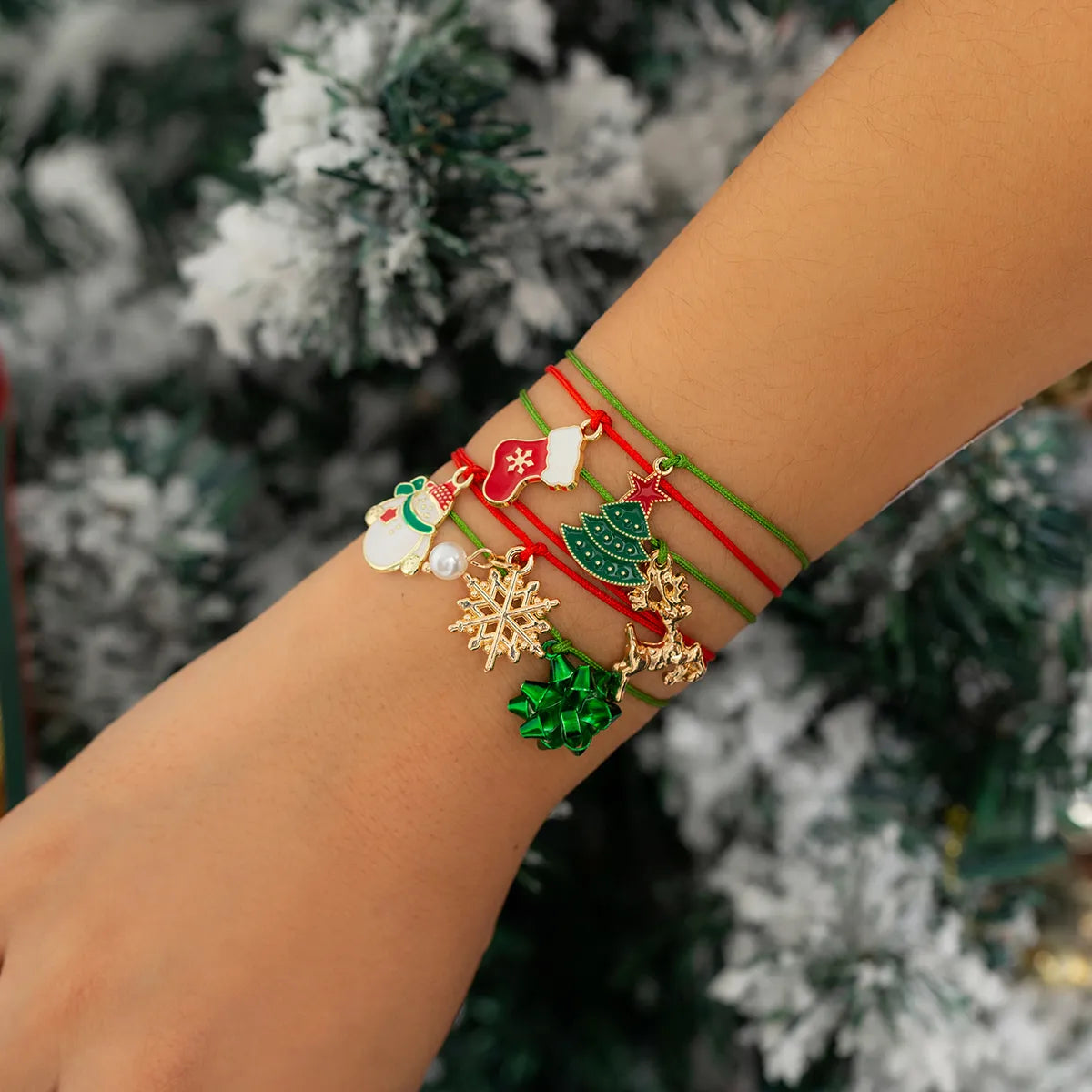 women's fashion-forward bangles-Cute Christmas Tree Snowman Snowflake Imitation Pearl Alloy Wax Line Enamel Braid Christmas Women's Bracelets